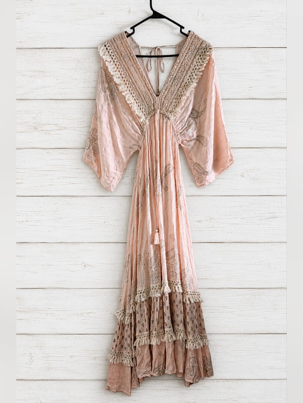 NWOT Zury Boho Paisley Maxi Dress Pink Metallic Lurex Tassel Free Size - Picture 2 of 12
